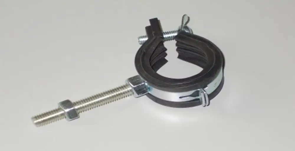 Rohrschelle aus Metall und Gummi mit einer Schraube zur Befestigung, geeignet für Rohrleitungen, von der Marke Brötje.