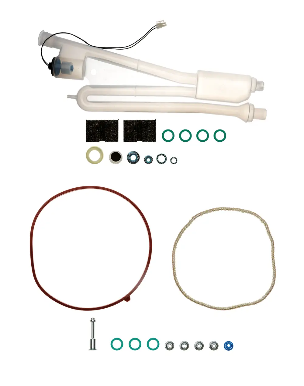 Brötje Siphon mit verschiedenen Dichtungen und Zubehörteilen, um eine sichere Wasserableitung zu gewährleisten. Komponenten, einschließlich O-Ringen und einem Halter, sind sichtbar angeordnet.