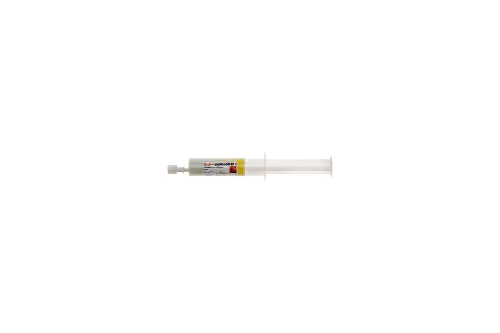 Brötje Wärmeleitpaste in einer Spritze, abgebildet vor einem hellen Hintergrund. Die Verpackung zeigt Informationen zu Anwendung und Verwendung.