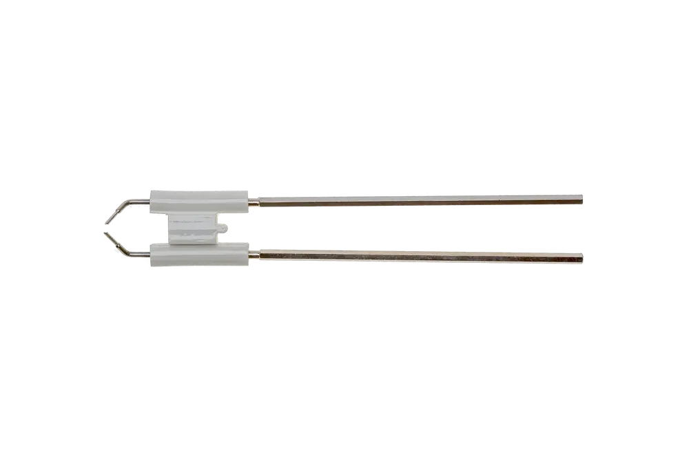Elektrodenblock von Brötje in silberner und weißer Ausführung, bestehend aus zwei langen Metallstäben mit einer zentralen Halterung.