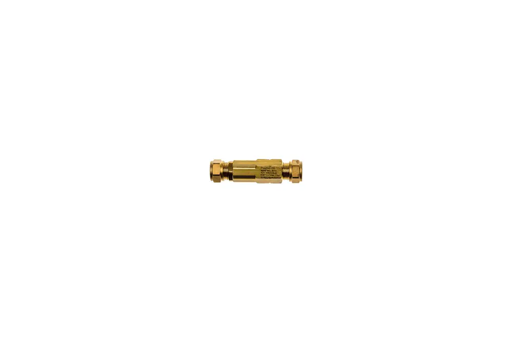 Thermostatventil von Brötje in zylindrischer Form, mit einem goldenen, metallischen Finish. Das Produkt zeigt ein durchgehendes Gewinde auf beiden Seiten.