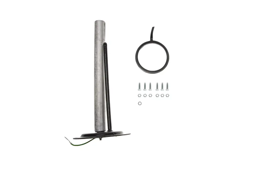 Brötje Handlochdeckel, bestehend aus einer Metallstange mit einer flachen Basis und einer elektrisch isolierten Verbindung, zusammen mit Montageschrauben und einer Dichtung.