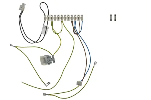 Brötje Klemmleiste mit mehreren Anschlüssen, Führungsklemmen und Sicherungen, mit verschiedenen farbigen Drähten, die zur Verbindung elektrisch dienen.