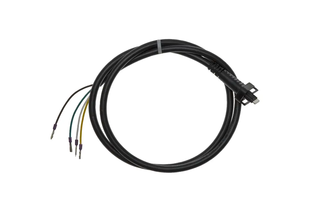 Schwarzes Anschlusskabel mit Stecker und vier farbigen Drähten, hergestellt von Brötje, geeignet für einen Durchflusssensor.