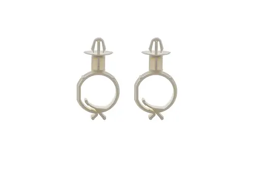 Kabelhalter in hellem Kunststoff, bestehend aus einem Ring mit erhöhtem Steckfuß und einem Halteclip, für eine sichere Kabelbefestigung, Marke Brötje.