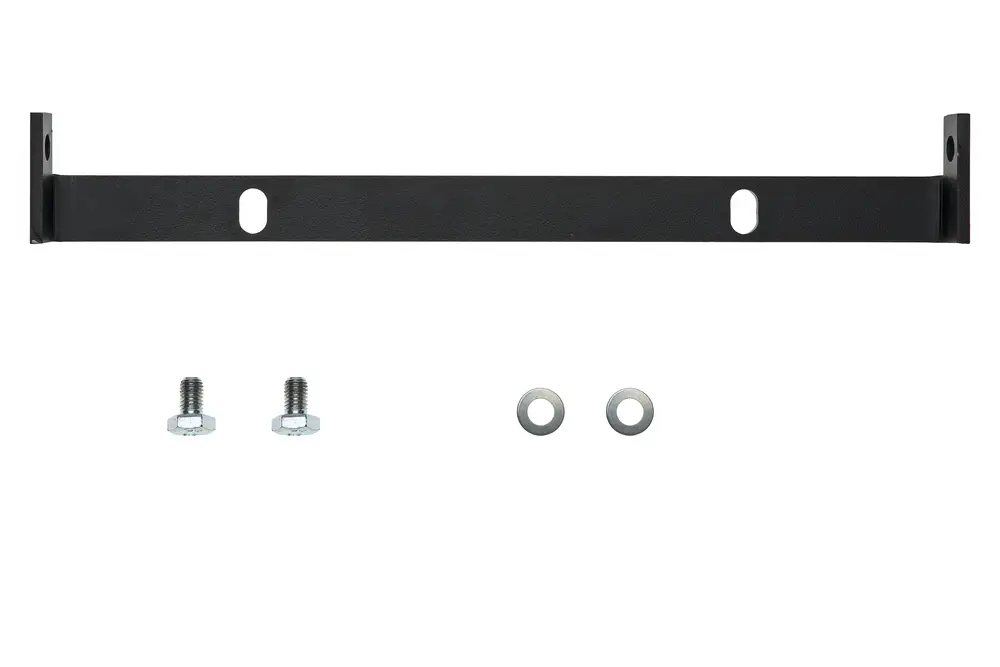 Schwarz lackierter Metallhalter mit zwei seitlichen Anschlüssen und Zubehörteilen wie Schrauben und Unterlegscheiben, hergestellt von Brötje.
