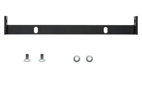Schwarz lackierter Metallhalter mit zwei seitlichen Anschlüssen und Zubehörteilen wie Schrauben und Unterlegscheiben, hergestellt von Brötje.