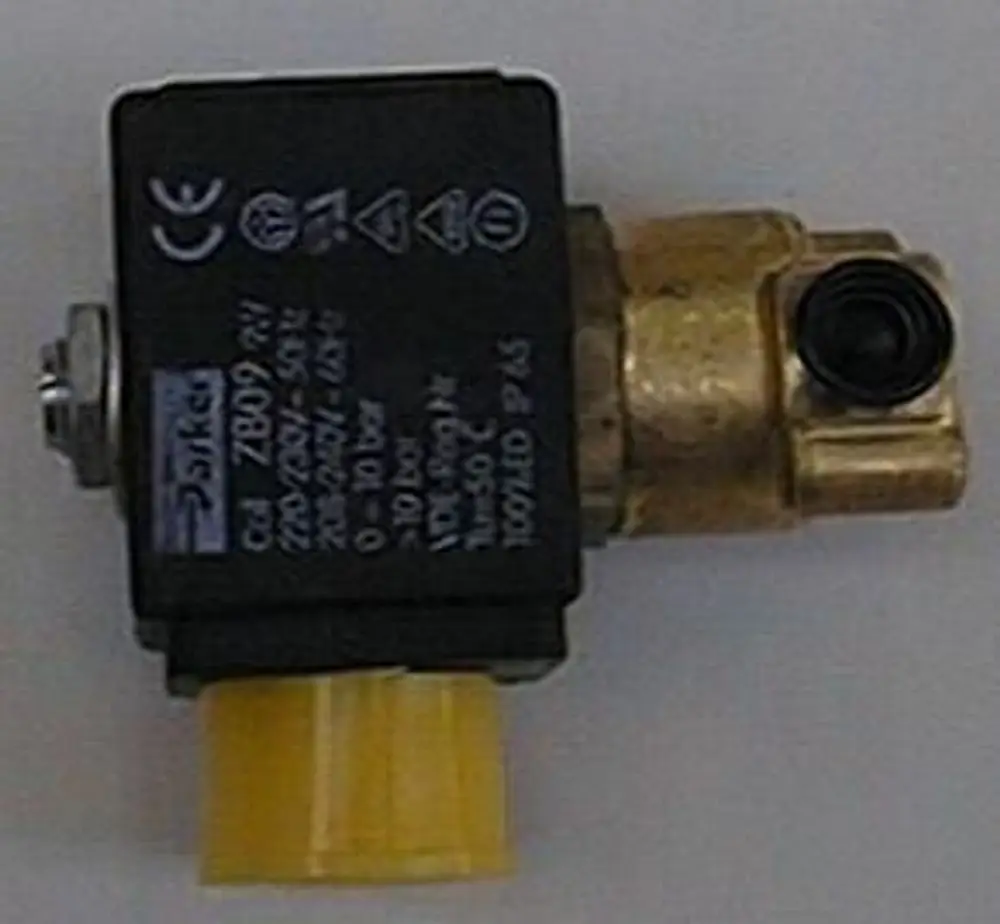Brötje Magnetventil mit schwarzem Gehäuse und gelbem Anschluss, Metallanschluss auf der rechten Seite, geeignet zur Steuerung von Flüssigkeits- oder Gasflüssen.
