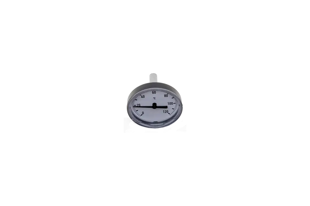Brötje Thermometer mit skaliertem Ziffernblatt von 20 bis 100 Grad Celsius, transparentem Gehäuse und einer Halterung zum Anbringen.
