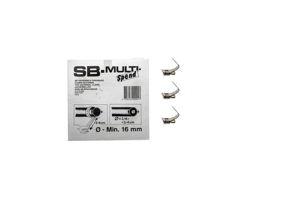 Brötje Schellenband in Verpackung mit mehreren Metallklammern zur Befestigung, geeignet für Rohre mit einem Durchmesser von mindestens 16 mm.