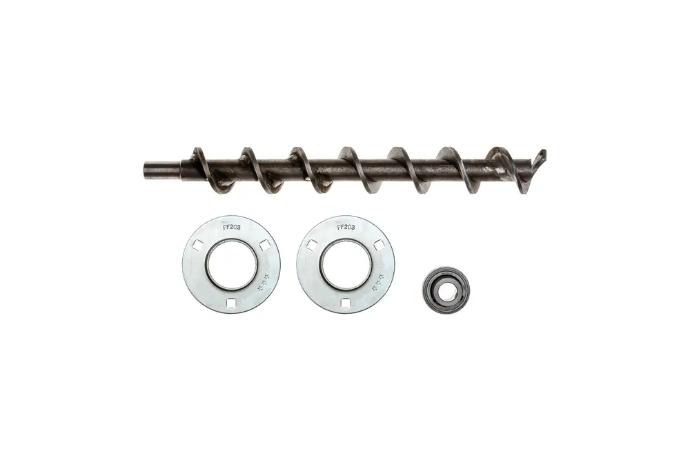 Brötje Reinigungsschnecke mit Adapter, bestehend aus einer spiralförmigen Schraube, zwei metallenen Dichtungen und einem Lager.