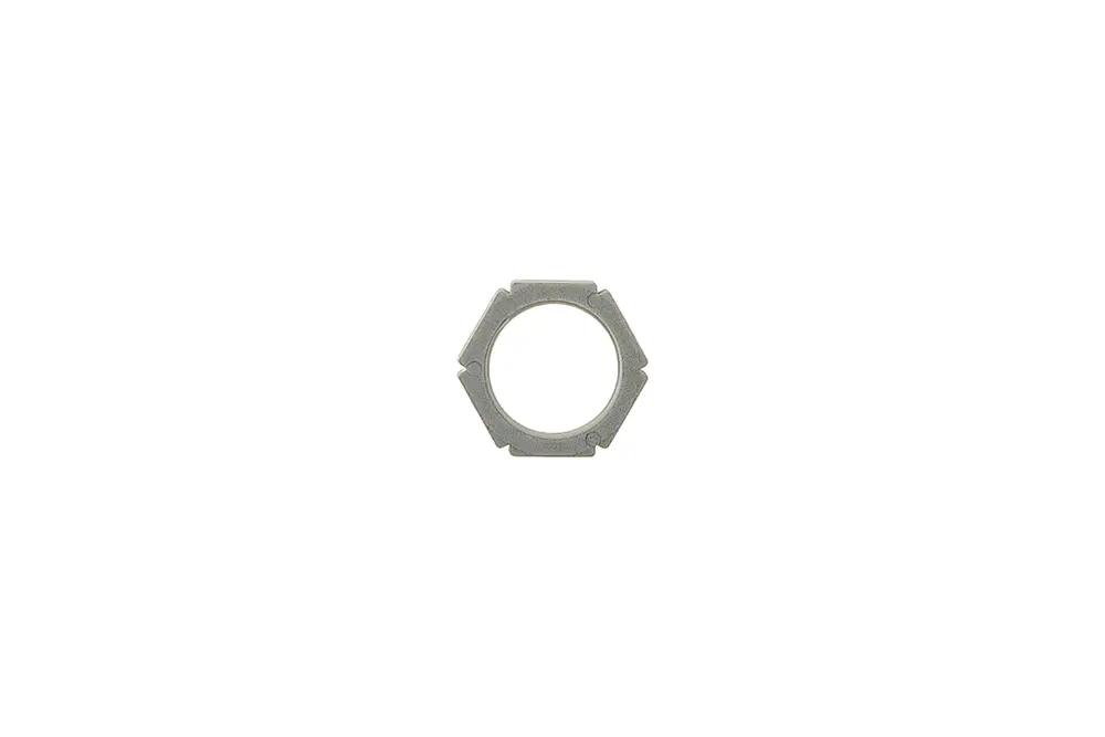 Metallene Befestigungsmutter aus dem Sortiment von Brötje, mit einem offenen Innenbereich und sechseckiger Form, auf weißem Hintergrund.