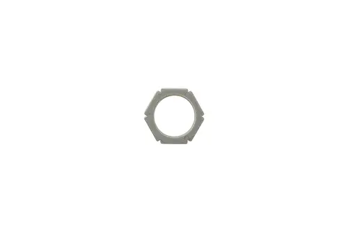 Metallene Befestigungsmutter aus dem Sortiment von Brötje, mit einem offenen Innenbereich und sechseckiger Form, auf weißem Hintergrund.
