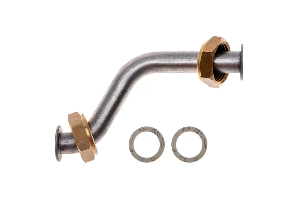 Vorlaufrohr von Brötje mit einer gebogenen Metallröhre und zwei Dichtscheiben in der Nähe, sichtbar in einer neutralen Anordnung auf weißem Hintergrund.