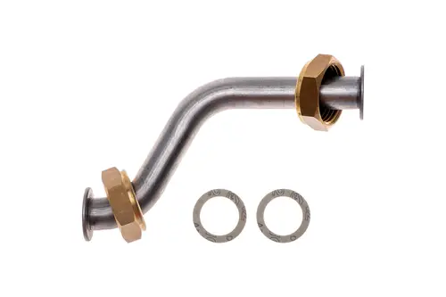 Vorlaufrohr von Brötje mit einer gebogenen Metallröhre und zwei Dichtscheiben in der Nähe, sichtbar in einer neutralen Anordnung auf weißem Hintergrund.