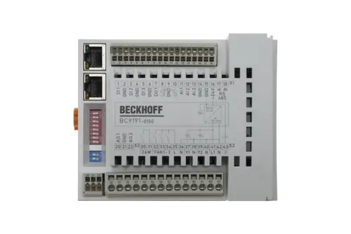 Beckhoff Steuerungseinheit mit verschiedenen Anschlüssen für digitale und analoge Signale sowie Kommunikationsschnittstellen in einem kompakten Gehäuse.