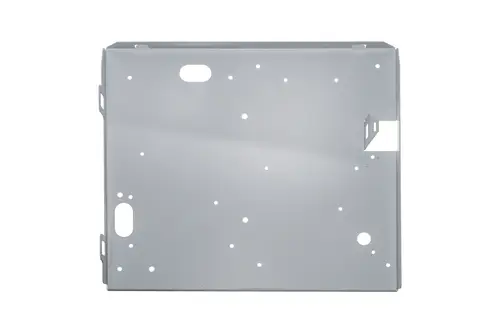Metallplatte mit Löchern und Ausschnitten, möglicherweise für eine Regelungsbox von Brötje. Die Oberfläche ist grau lackiert.