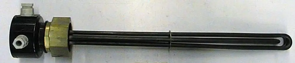 Brötje elektrische Zusatzheizung mit schwarzem Gehäuse und zwei Heizstäben. Anschluss an das Heizsystem links, Verbindungselemente aus Metall.