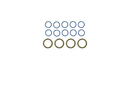 Brötje Dichtungs-Set mit blauen und braunen Ringen in zwei verschiedenen Größen. Anordnung: drei braune Ringe unter neun blauen Ringen, auf weißem Hintergrund.