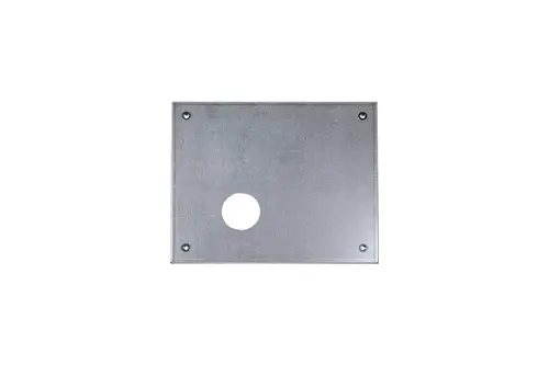 Brötje Sockel, rechteckige flache Platte aus Metall mit einer runden Öffnung und vier Befestigungslöchern an den Ecken.