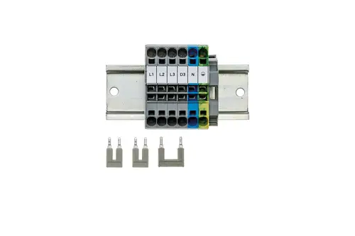 Brötje Klemmleiste mit mehreren Anschlüssen für L1, L2, L3, N und D3. Inklusive Stecker für elektrische Verbindungen, montierbar auf einer Metallplatte.