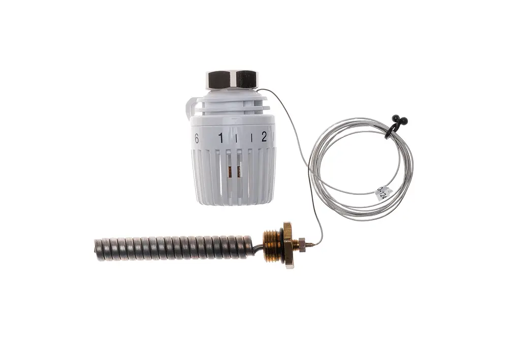 Brötje Thermostakopf mit regulierbarem Drehknopf, verbunden mit einer Metallfeder und einem Leitungselement. Einfache Bauweise zur Temperaturregelung.