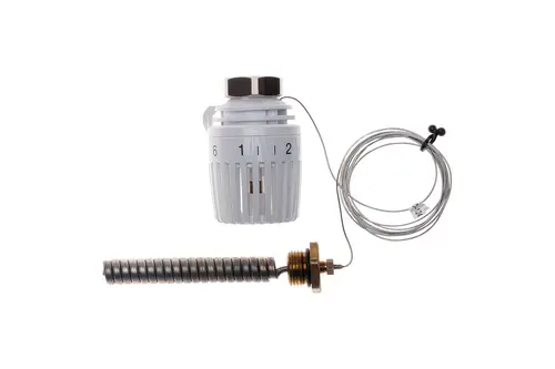 Brötje Thermostakopf mit regulierbarem Drehknopf, verbunden mit einer Metallfeder und einem Leitungselement. Einfache Bauweise zur Temperaturregelung.