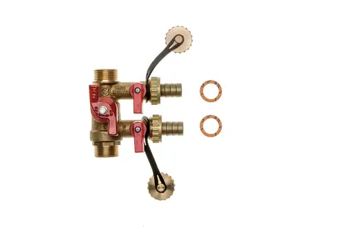 Brötje Befülleinheit mit zwei Anschlussleitungen, Griffen für die Steuerung und zwei Dichtungen. Produkt in einem einfachen Design aus Metall.