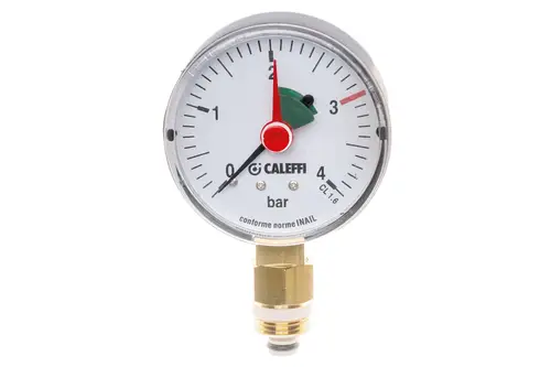 Brötje Manometer mit analoger Anzeige, dargestellt auf einem weißen Ziffernblatt, Skala von 0 bis 4 bar, Montageschraube aus Metall.