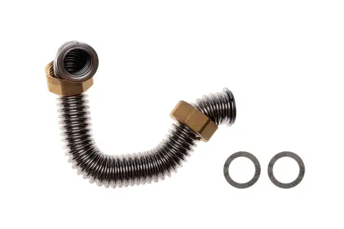 Flexibler Metallschlauch mit zwei Anschlussgewinden und zwei Dichtungen. Produkt von Brötje, geeignet für verschiedene Heizungsanwendungen.
