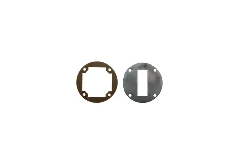 Zwei Metallblenden von Brötje, eine mit runder Form und einer quadratischen Aussparung, die andere ist rund mit rechteckiger Aussparung, beide mit Befestigungsbohrungen.