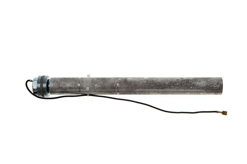Brötje Anode in zylindrischer Form mit elektrischen Verbindungen. Der Körper zeigt eine graue, metallische Oberfläche.