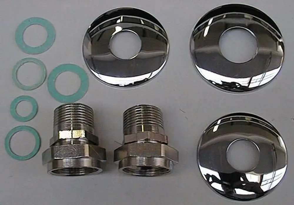 Dichtungs-Set bestehend aus zwei verchromten Abdeckungen und mehreren Dichtungen in verschiedenen Größen, geeignet für Brötje Produkte.