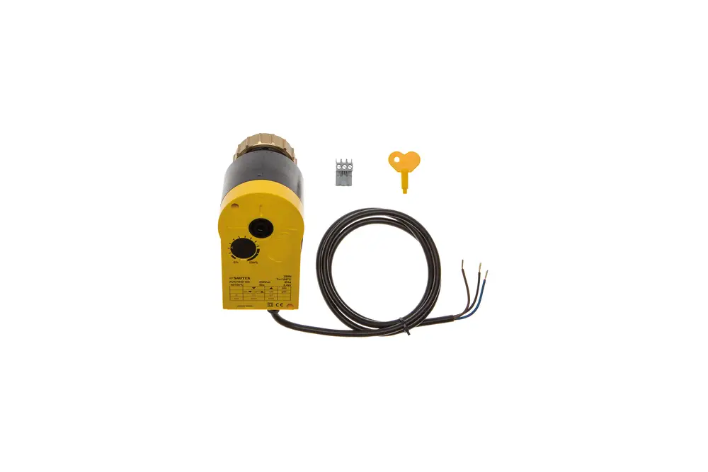 Brötje Motor mit einem Kabel, drei Drahtanschlüssen, einem Möglichkeitsschlüssel und einer kleinen Hauptplatine. Das Gerät hat einen runden Kontrolldrehknopf auf der Vorderseite.
