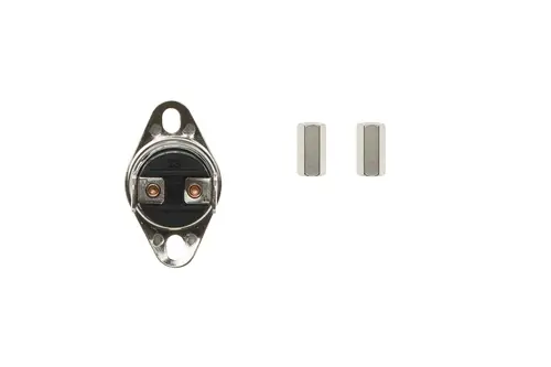 Brötje Thermostat mit zwei Kontaktanschlüssen und zwei Metallbuchsen daneben. Das Teil ist in einem schwarzen und silbernen Design gehalten.