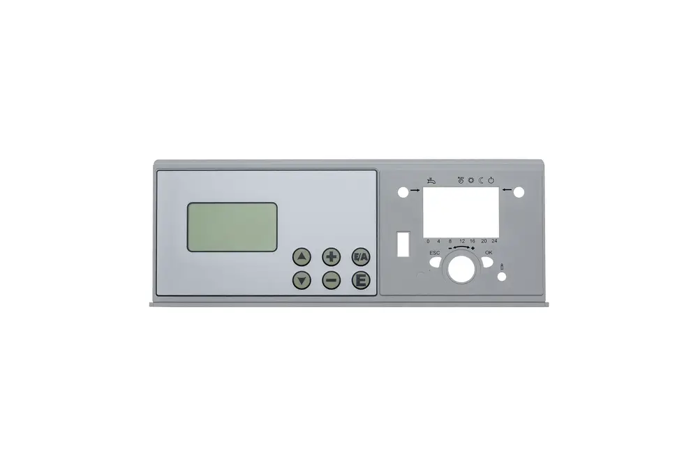 Graues Bedienteil mit Display und Tasten für die Steuerung, geeignet für Produkte der Marke Brötje. Keine spezifischen Maße oder Funktionen erkennbar.