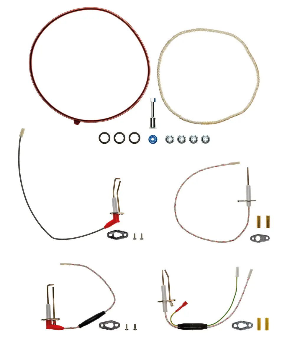 Brötje Wartungs-Set mit verschiedenen Kabeln, Steckverbindern, Ringen und Befestigungselementen zur Instandhaltung von Heizsystemen.