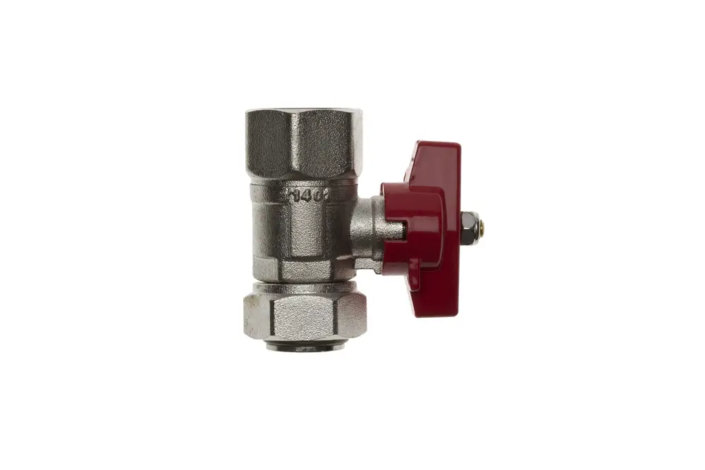 Brötje Kugelhahn mit rotem Überwurf, aus robustem Metall gefertigt, für Anschluss und Regulierung von Rohrleitungen in Sanitärinstallationen.