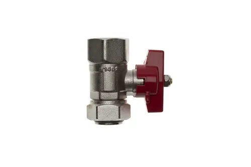 Brötje Kugelhahn mit rotem Überwurf, aus robustem Metall gefertigt, für Anschluss und Regulierung von Rohrleitungen in Sanitärinstallationen.