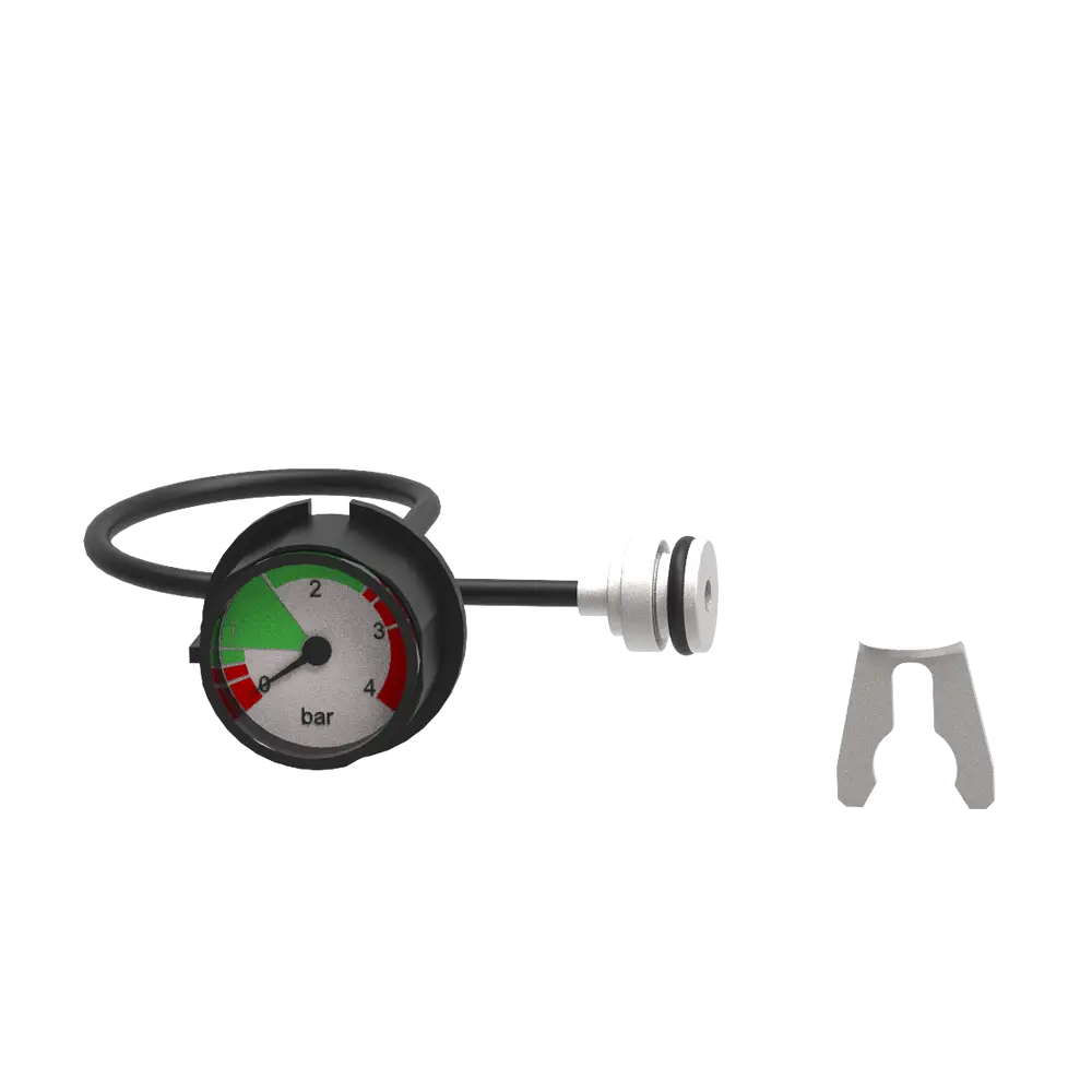 Manometer von Brötje mit analogen Druckanzeigen bis 4 bar. Mit Schlauchanschluss und einem Zubehörteil zur Montage.