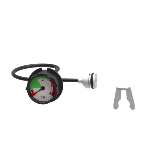 Manometer von Brötje mit analogen Druckanzeigen bis 4 bar. Mit Schlauchanschluss und einem Zubehörteil zur Montage.