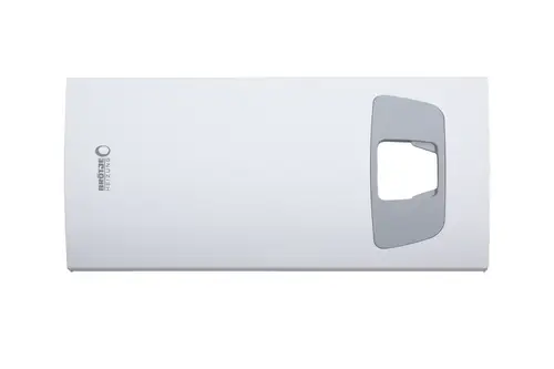 Weiße Abdeckung von Brötje mit passgenauer Aussparung, flache Oberfläche und minimalistischem Design, geeignet zur Verkleidung von Heizungsanlagen.