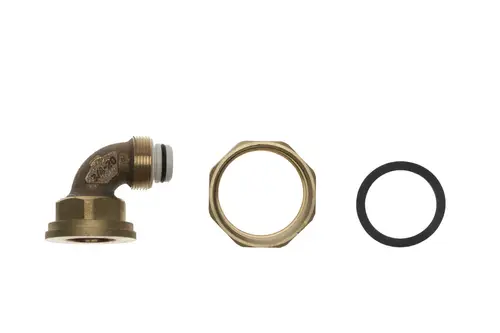 Brötje Anschlussstück mit einem gewinkelten Ende, einer Mutter und einem O-Ring. Das Material scheint aus einer metallischen Legierung zu bestehen.