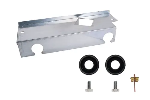 Metallhalterung von Brötje mit zwei Gummidichtungen, einem Sensor und zwei Schrauben, zur Montage an einem Heizsystem.