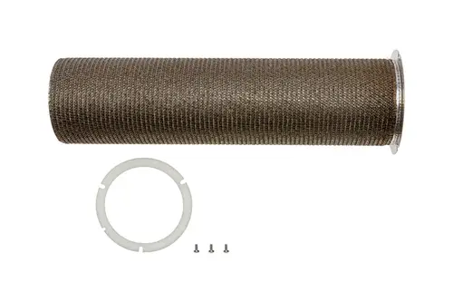 Brötje Brennerrohr in zylindrischer Form mit Gitterstruktur, begleitet von einer Halterung und drei Schrauben.