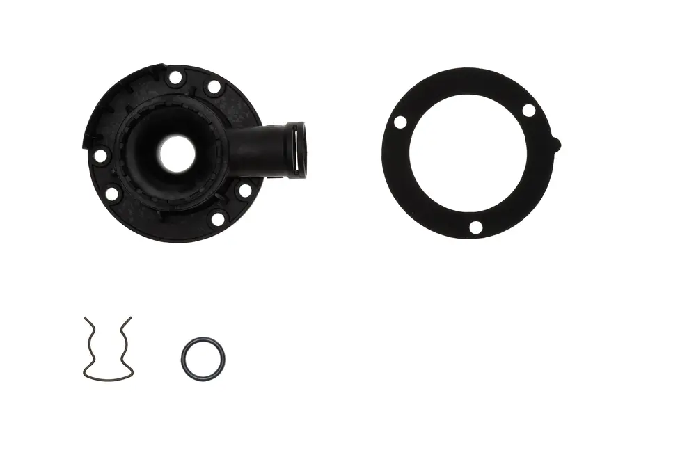 Brötje Venturi Mischadapter mit einem Anschluss und Dichtungen, bestehend aus einem schwarzen Kunststoffadapter und zwei zusätzlichen Kleinteilen.