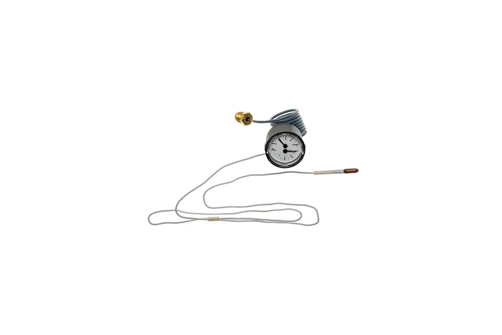 Thermo-Manometer mit runder Anzeige, flexibler Leitung und einem Sensor. Die Anzeige zeigt Temperaturwerte an. Produkt von Brötje.