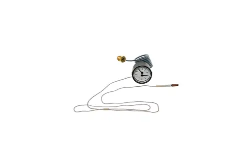 Thermo-Manometer mit runder Anzeige, flexibler Leitung und einem Sensor. Die Anzeige zeigt Temperaturwerte an. Produkt von Brötje.