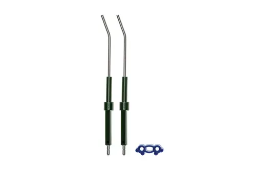 Brötje Zündelektrode mit zwei gebogenen Metallrohren und grünem Kunststoffgriff, begleitet von einem blauen Adapter.