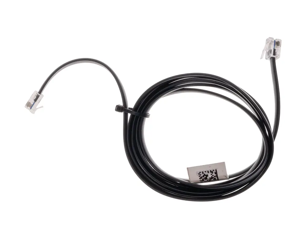 Schwarzes Kabel mit zwei transparenten Steckverbindern und einem QR-Code-Etikett. Geeignet für den Einsatz mit Brötje-Produkten.